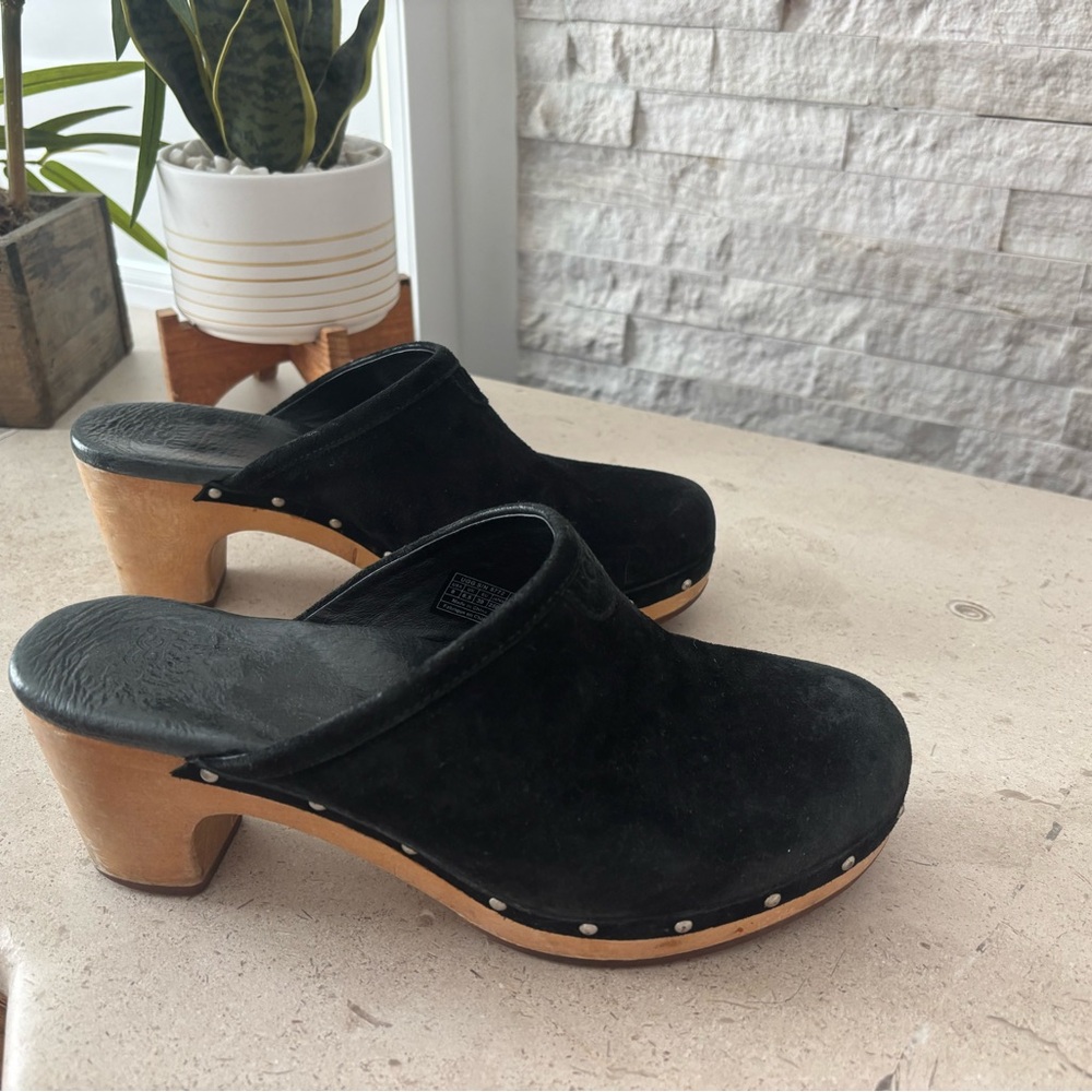 UGG Black Suede Mules with Wooden Heel
